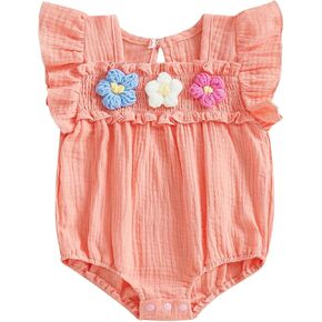 Newborn Baby Girl Smocked Bubble Romper Cute Boho Summer Clothes Ruffle Sleeveless Crochet Flower Vintage Bodysuit