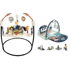 Fisher-Price Baby Bouncer Palm Paradise Jumperoo Activity Center & Playmat Kick & Play Piano Gym with Musical and Sensory Toys for Newborn to Toddler, Navy Fawn (Amazon Exclusive)