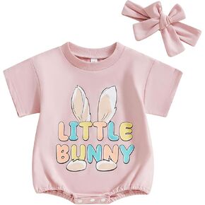 Newborn Baby Girl Easter Outfit Bunny Short Sleeve Bubble Romper Bodysuit Jumpsuit with Headband