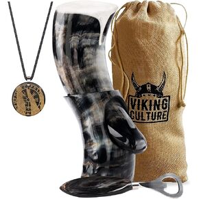12 Oz. Viking Drinking Horn with Beer Opener, Stand, Viking Pendant and Vintage Burlap Bag, Polished Finished with Authentic Medieval Norse Style in Saudi Arabia