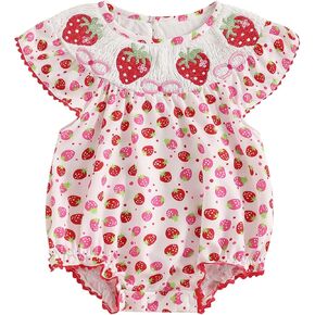 Infant Girls Embroidery Strawberry Romper Newborn Baby Coming Home Outfit Summer Casual Fly Sleeve Smocked Bodysuit