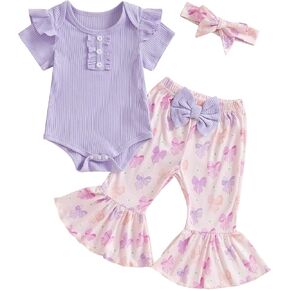 ZAXARRA Newborn Baby Girls Outfit Flying Sleeve Crew Neck Romper Floral Flared Pants Headband Cute Casual Clothes Set