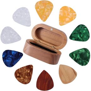 Walnut Guitar Plectrum Holder Set with 2 Color Wood Plectrums and 8 Celluloid Plectrums (4 Thicknesses),Mini Jewelry Box,Brown Wooden Trinkets,Box Size 3.35 * 1.77 * 1.57 inch (brown)