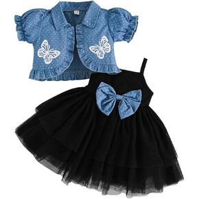 Baby Girl Summer Outfits Tulle Dress Sleeveless And Puff Sleeve Denim Jacket Baby Girl Clothes Set