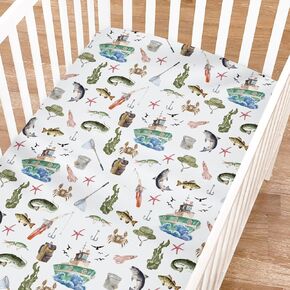 Watercolor Ocean Boats Fishing Baby Crib Sheets for Boy Girl 52"x28" Fishing Lovers Gift Fitted Crib Mattress Covers Sea Marine Bed Sheets for Standard Crib and Toddler Mattress