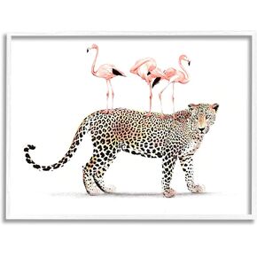 Stupell Industries Flamingos Stacked on Leopard Fun Tropical Safari Animals, Designed by Ziwei Li White Framed Wall Art, 14 x 11, Pink