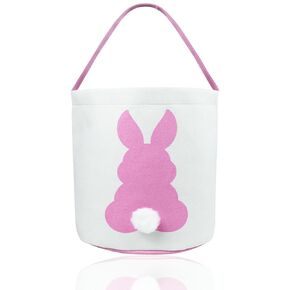 Easter Bunny Basket Pinkly Rabbit Bucket Canvas Tote Printed Bunny Fluffy Tails for Easter Egg Hunts Party Decoration Favor Decorations Candy Gifts Storage