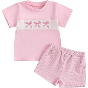 Toddler Baby Girl Short Outfit Bow Embroidery Short Sleeve Cotton T-Shirt Gingham Plaid Shorts 2Pcs Summer Clothes
