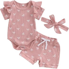 MERSARIPHY Newborn Baby Girls Summer Clothes Set Cute Bow Ribbed Knit Ruffle Sleeve Romper Shorts Headband Outfits