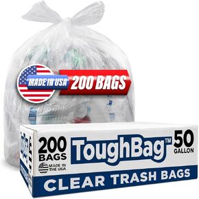 ToughBag 50 Gallon Trash Bags Heavy Duty, Clear Trash Bags (200 COUNT) – Outdoor Industrial Garbage Can Liner for Outdoor, Construction, Lawn, 42 x 47" - Made In USA