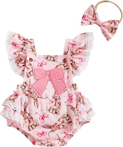 Newborn Baby Girl Easter Outfit Bow Embroidery Bunny Print Bubble Romper Fly Sleeve Lace Jumpsuit Clothes Headband in Saudi Arabia