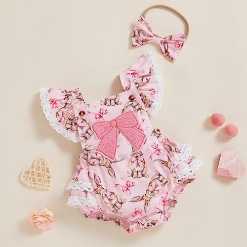 Newborn Baby Girl Easter Outfit Bow Embroidery Bunny Print Bubble Romper Fly Sleeve Lace Jumpsuit Clothes Headband in Saudi Arabia