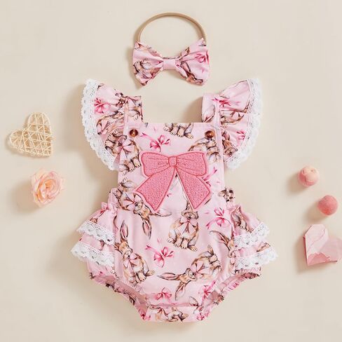 Newborn Baby Girl Easter Outfit Bow Embroidery Bunny Print Bubble Romper Fly Sleeve Lace Jumpsuit Clothes Headband in Saudi Arabia
