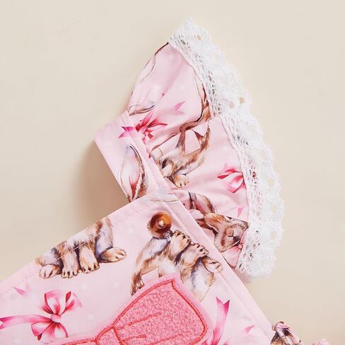 Newborn Baby Girl Easter Outfit Bow Embroidery Bunny Print Bubble Romper Fly Sleeve Lace Jumpsuit Clothes Headband in Saudi Arabia