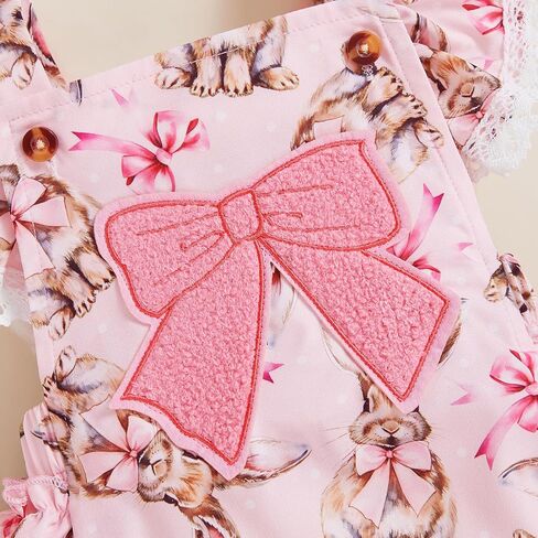 Newborn Baby Girl Easter Outfit Bow Embroidery Bunny Print Bubble Romper Fly Sleeve Lace Jumpsuit Clothes Headband in Saudi Arabia