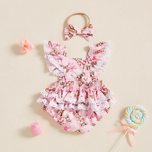 Newborn Baby Girl Easter Outfit Bow Embroidery Bunny Print Bubble Romper Fly Sleeve Lace Jumpsuit Clothes Headband in Saudi Arabia