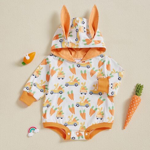 My First Easter Baby Boy Outfit Carrot/Bunny Print Sleeveless Hooded Romper Jumpsuit Newborn Baby Easter Clothes in Saudi Arabia
