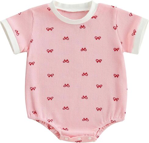 Adobabirl Baby Girl Outfit Newborn Bow Bubble Romper Short Sleeve Waffle Jumpsuit Shirt Infant Cute Summer Clothes in Kuwait