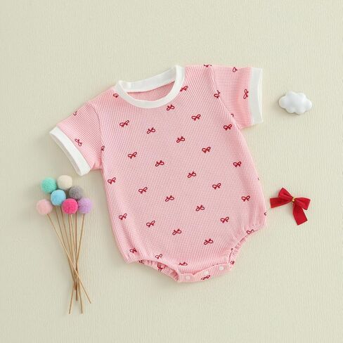 Adobabirl Baby Girl Outfit Newborn Bow Bubble Romper Short Sleeve Waffle Jumpsuit Shirt Infant Cute Summer Clothes in Kuwait