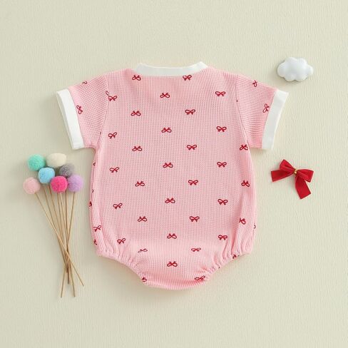 Adobabirl Baby Girl Outfit Newborn Bow Bubble Romper Short Sleeve Waffle Jumpsuit Shirt Infant Cute Summer Clothes in Kuwait