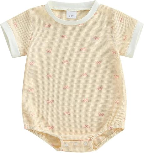 Adobabirl Baby Girl Outfit Newborn Bow Bubble Romper Short Sleeve Waffle Jumpsuit Shirt Infant Cute Summer Clothes in Kuwait