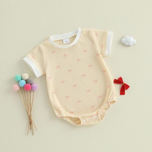 Adobabirl Baby Girl Outfit Newborn Bow Bubble Romper Short Sleeve Waffle Jumpsuit Shirt Infant Cute Summer Clothes in Kuwait