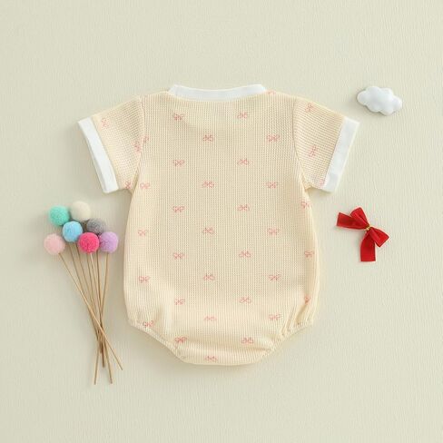 Adobabirl Baby Girl Outfit Newborn Bow Bubble Romper Short Sleeve Waffle Jumpsuit Shirt Infant Cute Summer Clothes in Kuwait