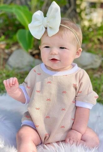 Adobabirl Baby Girl Outfit Newborn Bow Bubble Romper Short Sleeve Waffle Jumpsuit Shirt Infant Cute Summer Clothes in Kuwait