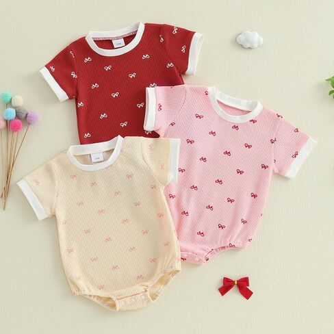 Adobabirl Baby Girl Outfit Newborn Bow Bubble Romper Short Sleeve Waffle Jumpsuit Shirt Infant Cute Summer Clothes in Kuwait