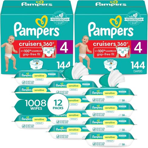 Pampers Pull On Cruisers 360° Fit Disposable Baby Diapers Size 4, 2 Months Supply (2 x 144 Count) with Sensitive Water Based Wipes 12X Multi Pack Pop-Top and Refill (1008 Count) in Saudi Arabia