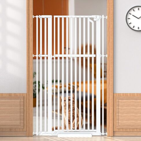 Senneny 63" Extra Tall Cat Gate Auto Close & One-Hand Open, Includes Extension Kits, No Drilling Pressure Mounted Kits and Wall Mounted Kits, Metal Pet Gate Fits Openings 33.4" to 37.4" Wide, White in Kuwait