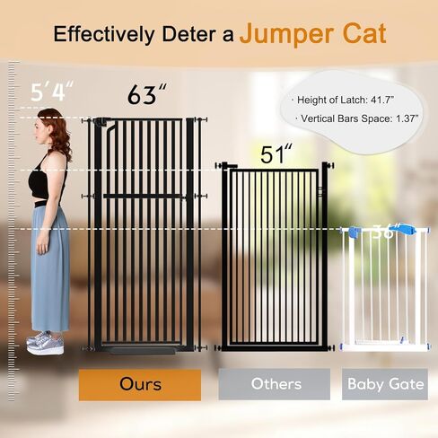 Senneny 63" Extra Tall Cat Gate Auto Close & One-Hand Open, Includes Extension Kits, No Drilling Pressure Mounted Kits and Wall Mounted Kits, Metal Pet Gate Fits Openings 33.4" to 37.4" Wide, White in Kuwait