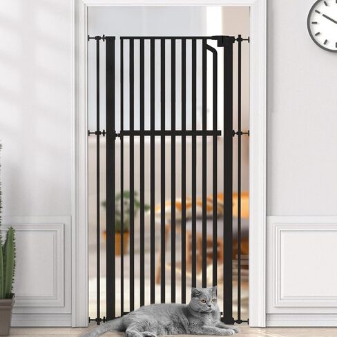 Senneny 63" Extra Tall Cat Gate Auto Close & One-Hand Open, Includes Extension Kits, No Drilling Pressure Mounted Kits and Wall Mounted Kits, Metal Pet Gate Fits Openings 33.4" to 37.4" Wide, White in Kuwait
