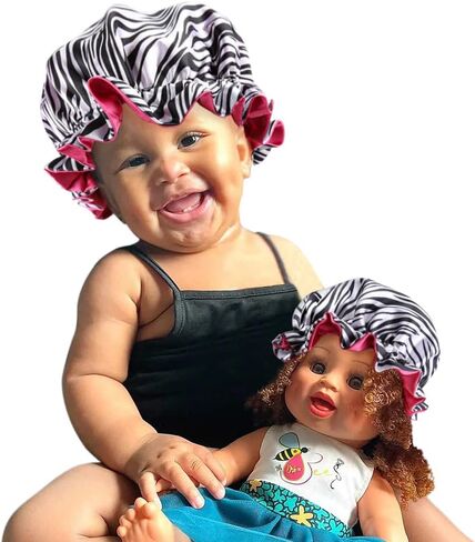 Kids and Dolls Matching Bonnet Set Satin Bonnet Sleeping Cap Adjustable Sleep Bonnet with Drawstring Reversible in Saudi Arabia