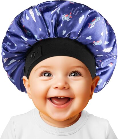 Baby Bonnet, Soft Silk Satin Bonnet for Girls Boys Infant, Double Layer & Wide Elastic Band Kids Sleeping Cap, Adjustable Blue Night Hat for Toddler Child Natural Hair Curly Hair in Saudi Arabia