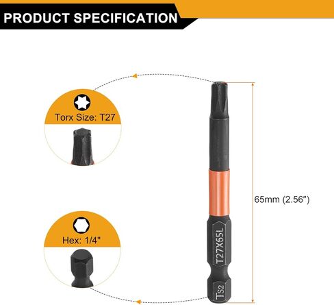 HARFINGTON 3pcs T27 Torx Head Screwdriver Bit 2.56" (65mm) Long 1/4" Hex Shank Magnetic No Hole Tamper Proof 6 Point Star Screw Driver Drill Bits Phosphate S2 Steel Industrial Power Tools in Saudi Arabia