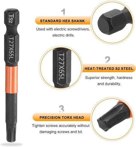 HARFINGTON 3pcs T27 Torx Head Screwdriver Bit 2.56" (65mm) Long 1/4" Hex Shank Magnetic No Hole Tamper Proof 6 Point Star Screw Driver Drill Bits Phosphate S2 Steel Industrial Power Tools in Saudi Arabia