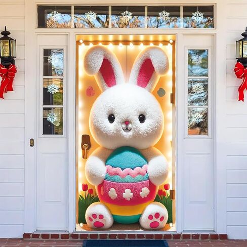 Happy Easter Door Cover Decoration Easter Eggs Bunny Door Banner Backdrop Photography Welcome Spring Outdoor Indoor Home Decors Supplies Party Decorations 70.8 x 35.4 inch in Kuwait