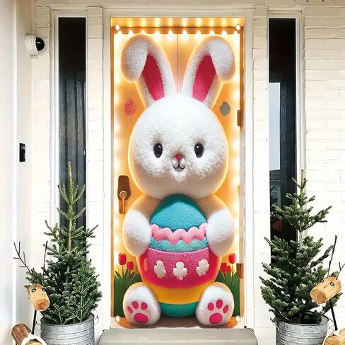Happy Easter Door Cover Decoration Easter Eggs Bunny Door Banner Backdrop Photography Welcome Spring Outdoor Indoor Home Decors Supplies Party Decorations 70.8 x 35.4 inch in Kuwait
