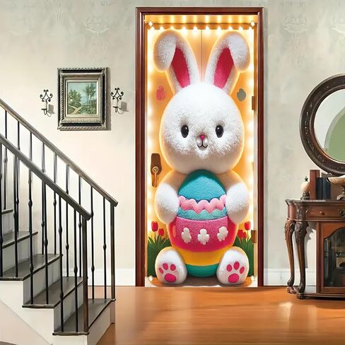 Happy Easter Door Cover Decoration Easter Eggs Bunny Door Banner Backdrop Photography Welcome Spring Outdoor Indoor Home Decors Supplies Party Decorations 70.8 x 35.4 inch in Kuwait