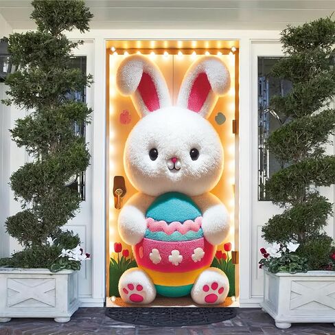 Happy Easter Door Cover Decoration Easter Eggs Bunny Door Banner Backdrop Photography Welcome Spring Outdoor Indoor Home Decors Supplies Party Decorations 70.8 x 35.4 inch in Kuwait