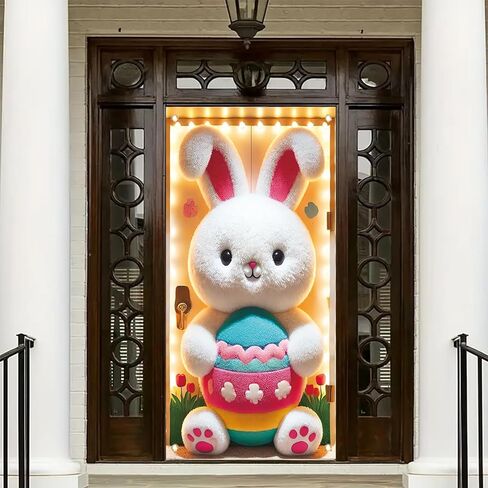 Happy Easter Door Cover Decoration Easter Eggs Bunny Door Banner Backdrop Photography Welcome Spring Outdoor Indoor Home Decors Supplies Party Decorations 70.8 x 35.4 inch in Kuwait