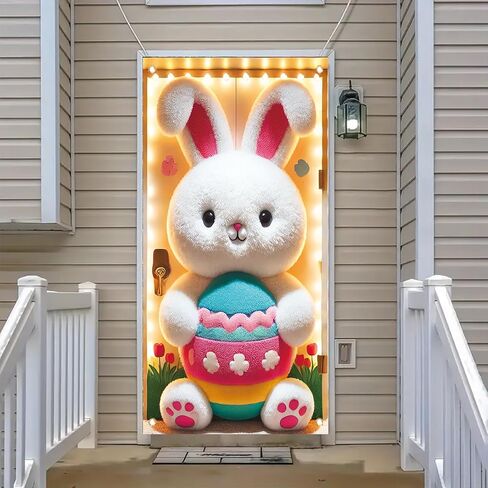 Happy Easter Door Cover Decoration Easter Eggs Bunny Door Banner Backdrop Photography Welcome Spring Outdoor Indoor Home Decors Supplies Party Decorations 70.8 x 35.4 inch in Kuwait
