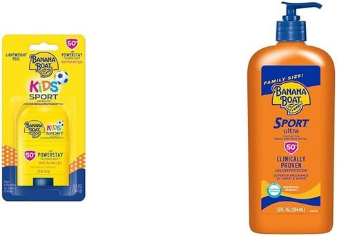 Banana Boat Kids Sport Sunscreen Stick SPF 50 Travel Size 0.5oz & Sport Ultra Sunscreen Lotion SPF 50 Family Size 12oz in Kuwait