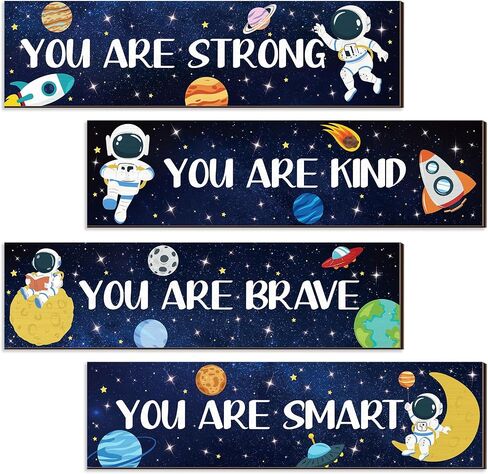 Hxezoc 4 Pack Space Bedroom Wall Decor Boys Inspirational Wooden Hanging Wall Sign Motivational Quote Wall Decor for Kids Room, Home, School, Nursery, Kindergarten in Saudi Arabia