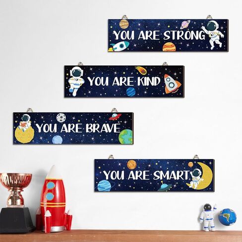 Hxezoc 4 Pack Space Bedroom Wall Decor Boys Inspirational Wooden Hanging Wall Sign Motivational Quote Wall Decor for Kids Room, Home, School, Nursery, Kindergarten in Saudi Arabia