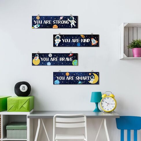 Hxezoc 4 Pack Space Bedroom Wall Decor Boys Inspirational Wooden Hanging Wall Sign Motivational Quote Wall Decor for Kids Room, Home, School, Nursery, Kindergarten in Saudi Arabia