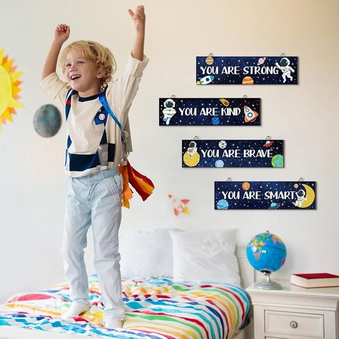Hxezoc 4 Pack Space Bedroom Wall Decor Boys Inspirational Wooden Hanging Wall Sign Motivational Quote Wall Decor for Kids Room, Home, School, Nursery, Kindergarten in Saudi Arabia