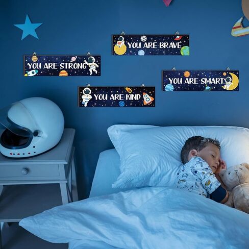 Hxezoc 4 Pack Space Bedroom Wall Decor Boys Inspirational Wooden Hanging Wall Sign Motivational Quote Wall Decor for Kids Room, Home, School, Nursery, Kindergarten in Saudi Arabia