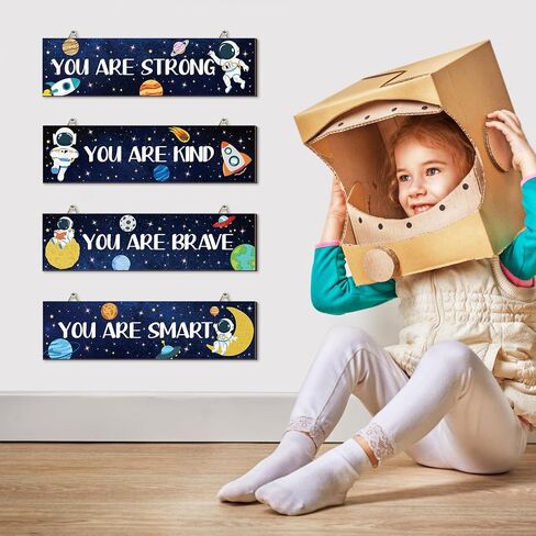 Hxezoc 4 Pack Space Bedroom Wall Decor Boys Inspirational Wooden Hanging Wall Sign Motivational Quote Wall Decor for Kids Room, Home, School, Nursery, Kindergarten in Saudi Arabia